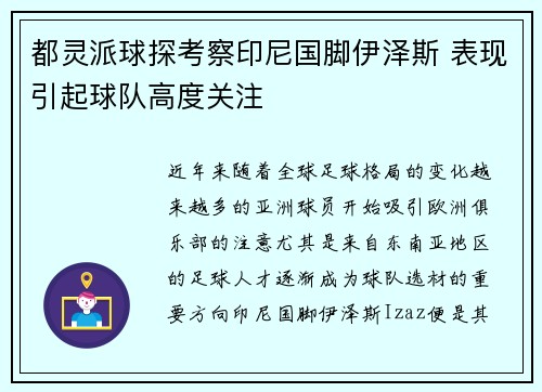 都灵派球探考察印尼国脚伊泽斯 表现引起球队高度关注