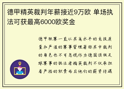德甲精英裁判年薪接近9万欧 单场执法可获最高6000欧奖金