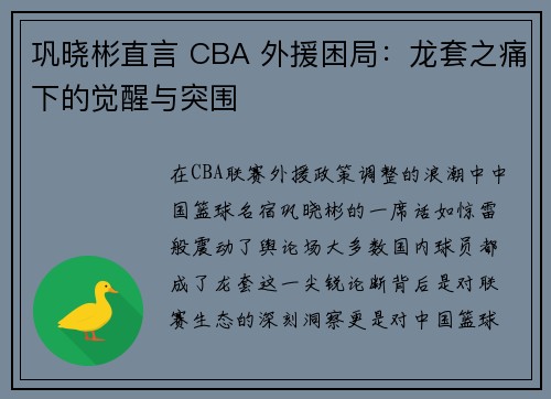 巩晓彬直言 CBA 外援困局：龙套之痛下的觉醒与突围