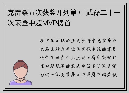 克雷桑五次获奖并列第五 武磊二十一次荣登中超MVP榜首